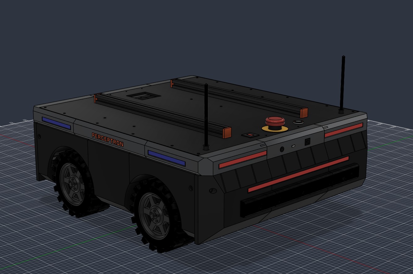 Perceptron, a four-wheel research robot with a black chassis, sensor openings and a hardware emergency stop